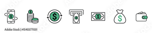 Set of money icon . containing cash, saving, wallet, transfer, withdraw icons. finance symbol for app, ui, website and design element. vector illustration. 