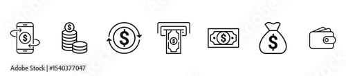 Set of money icon . containing cash, saving, wallet, transfer, withdraw icons. finance symbol for app, ui, website and design element. vector illustration. 