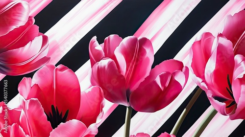 Vibrant pink tulips on a black and white diagonal striped background
