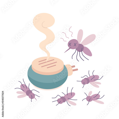 An electric mosquito repellent device emitting vapor, surrounded by dead mosquitoes. Effective pest control using plug-in insecticide solutions during mosquito season. Vector illustration on white.
