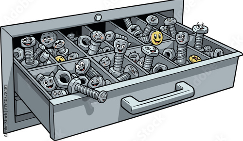 Cartoon Drawer Overflowing with Animated Bolts, Nuts, and a Cheerful Yellow Smiley