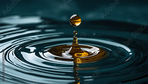 Golden oil droplet impacting dark teal water surface