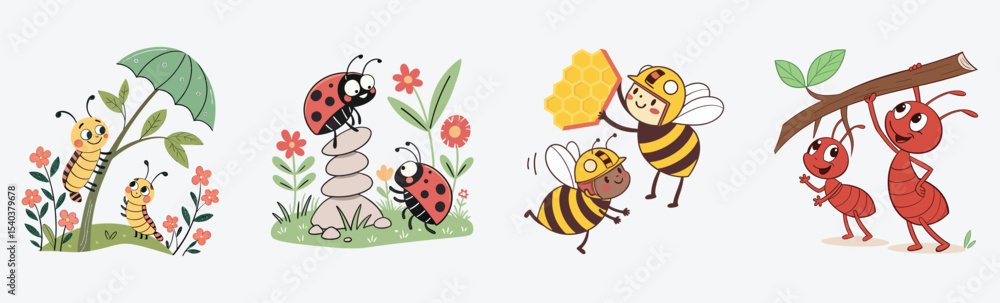 Charming cartoon insects—caterpillars, ladybugs, bees, and ants—working and playing together in nature. Perfect for kids' books, and learning! Charming cartoon insects—caterpillars, ladybugs, bees, and ants—working and playing together in nature. Perfect for kids' books, and learning!