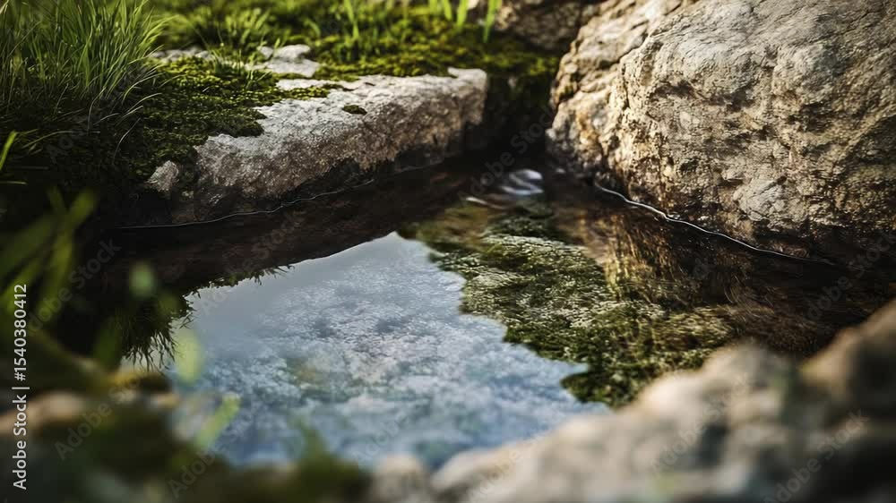 A peaceful scene with a small body of water surrounded by natural elements. A peaceful scene with a small body of water surrounded by natural elements.