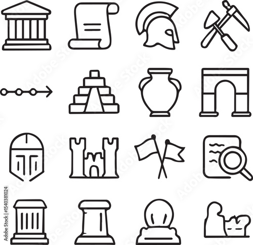 History Vector Icon Set  Adjustable Line Weight  Museum, scroll, ancient, archaeology, timeline, empire, monument, civilization, medieval, exploration, historical culture icons 