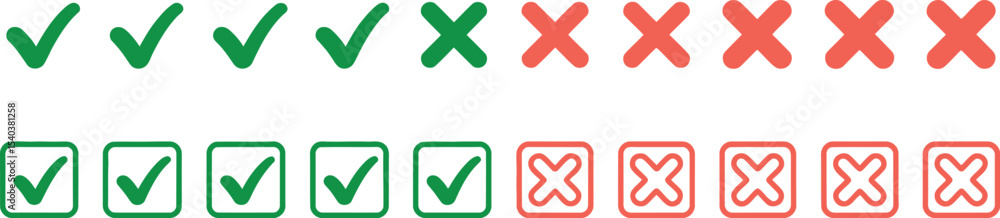 Obraz premium Illustration of green check marks and red x marks in rows on a white background for selection options