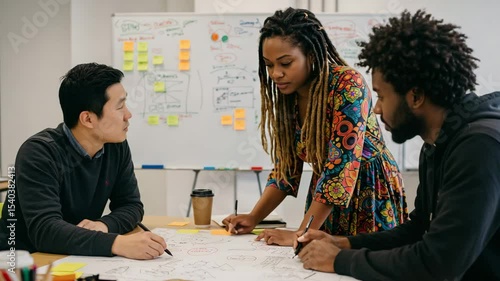 Team collaborates in brainstorming session using charts and sticky notes in modern office space