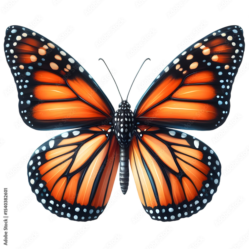 Fototapeta premium watercolor of a single monarch butterfly. Detailed orange and black wings with delicate white spots. Wings spread in full symmetry