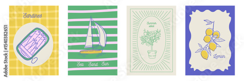 Slow life Italia Amalfi Summer posters set. Vector illustration italian lemon tree, sardines, yacht and geometric minimalistic backgrounds, contemporary Summer vintage design.