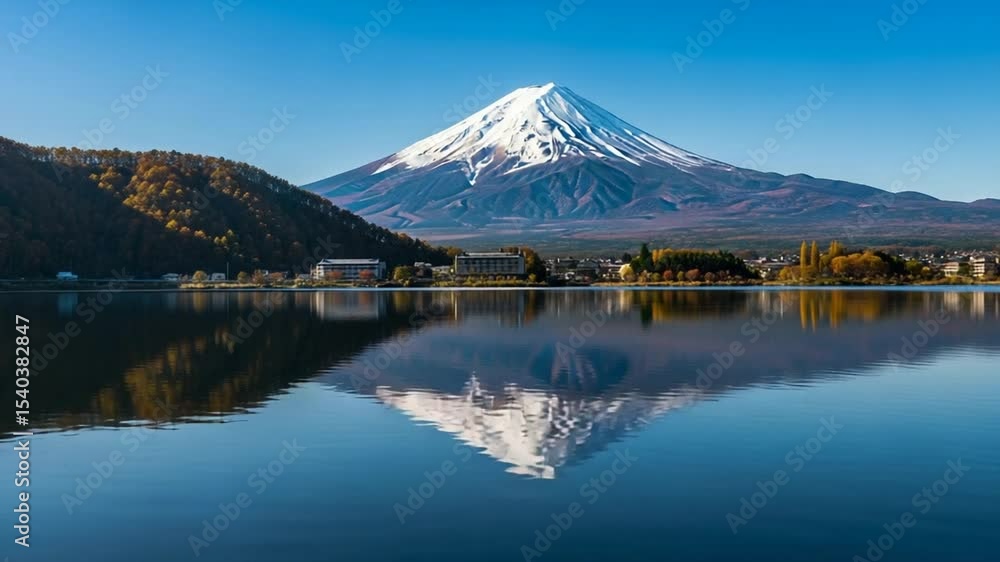 Majestic Mountain Peak Reflected in Calm Lake Water Under Clear Blue Sky