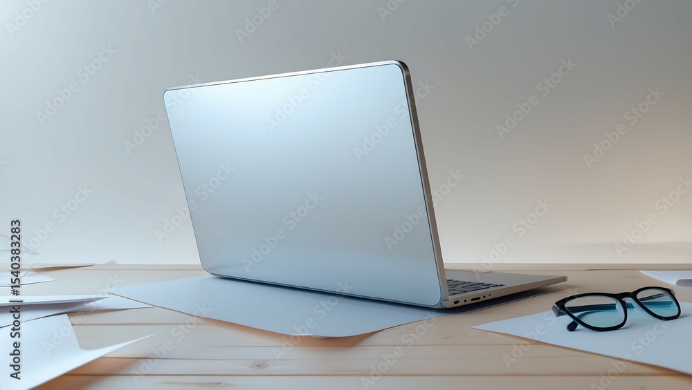 Modern laptop on desk with papers and glasses demonstrating business and technology Modern laptop on desk with papers and glasses demonstrating business and technology