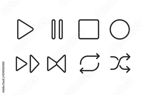Interactive Icon Set. Line style icons of interactive buttons: play button, pause toggle, stop square, record circle, next arrow,