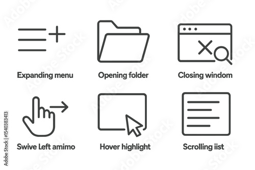 Animated Interface Icons. Line style icons of animated interfaces: expanding menu, opening folder, closing window, zoom transition