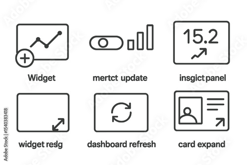 Interactive Dashboard Icons. Line style icons of interactive dashboards: widget add, chart toggle, metric update, KPI view, widget
