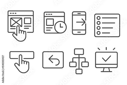 User Experience Essentials. Line style icons of user experience essentials: intuitive layout, fast loading, smooth navigation,