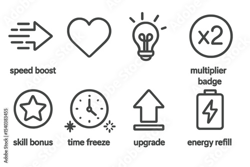 Power-Up Line Icons. Line style icons of boosters and power-ups: speed boost, extra life, hint icon, multiplier badge, skill bonus