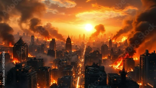 Cityscape inferno burning buildings sunset apocalypse