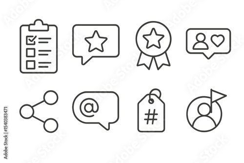 Brand Engagement Icons. Line style icons of brand engagement: survey icon, brand feedback, loyalty badge, follower counter, share