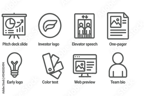 Startup Branding Icons. Line style icons of startup branding: pitch deck slide, investor logo, elevator speech, one-pager, early