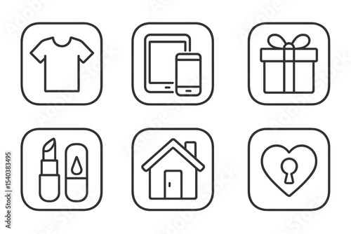 Shopping App Icons. Line style icons of shopping app logos: clothing app icon, electronics app icon, gift app icon, beauty store
