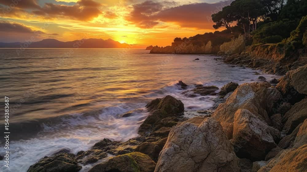 Coastal landscape with sunset and rocks. Coastal landscape with sunset and rocks.