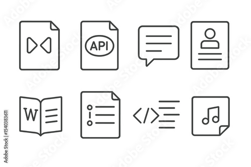 Documentation Icons Set. Line style icons of documentation: markdown file, API doc, code comment, readme file, developer wiki,