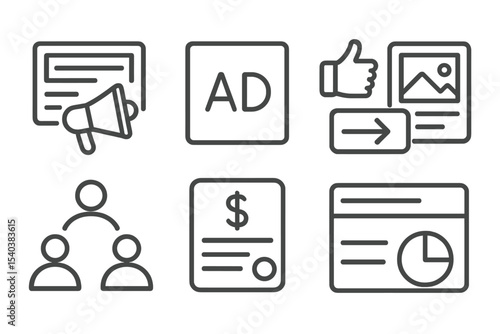 Social Ad Icons. Line style icons of social advertising: promoted post, ad icon, boost button, audience selector, budget input, ad
