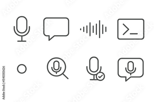 Voice Interface Icons. Line style icons of voice-enabled UI: mic icon, speech bubble, voice nav, command prompt, listening dot,