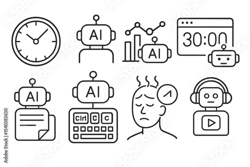 AI Productivity Icons. Line style icons of AI in productivity: time tracker, work pattern analysis, deep work timer, distraction