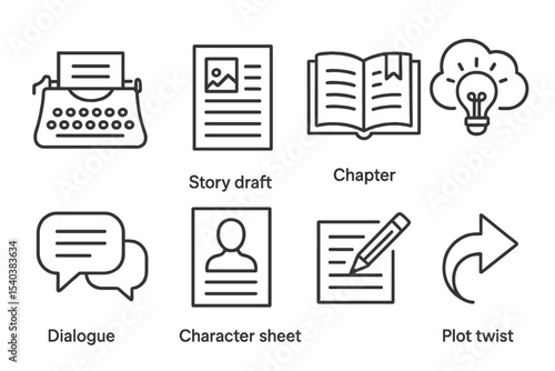 Writing Icons Collection. Line style icons of creative writing: typewriter icon, story draft, chapter icon, idea cloud, dialogue
