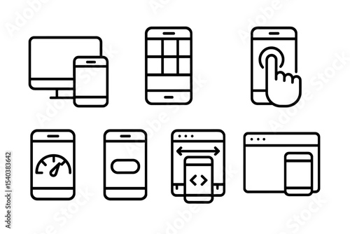 Mobile Web Icons. Line style icons of mobile-first web: responsive screen, adaptive grid, mobile nav, tap target, fast load, fluid