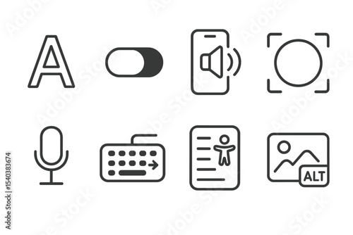 Accessibility UI Icons. Line style icons of accessibility UI: large font icon, contrast toggle, screen reader, focus ring, voice