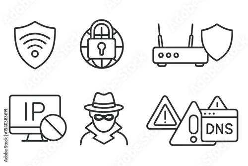 Network Protection Icons. Line style icons of network protection: Wi-Fi shield, VPN icon, router security, network scan, IP
