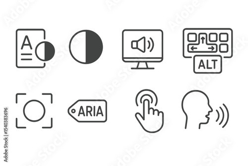 Accessibility Testing Icons. Line style icons of accessibility testing: contrast checker, screen reader test, keyboard nav test,