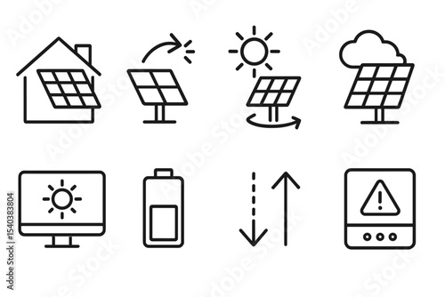 Smart Home Icons. Line style icons of smart home maintenance: solar roof tile icon, panel orientation, sun tracking feature, shade