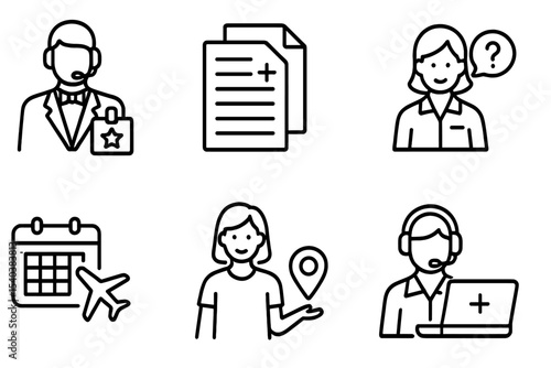 Medical Tourism Icons. Line style icons of medical tourism: medical concierge, treatment coordinator, local assistant, health