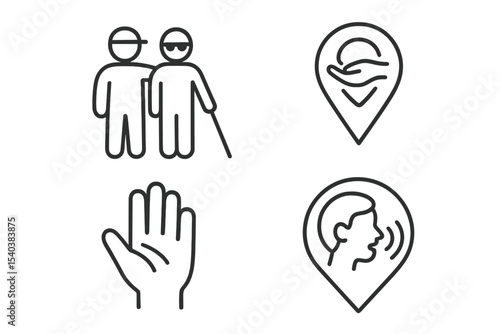 Assistive Icons Collection. Line style icons of urban navigation for visually impaired: community volunteer support, escort