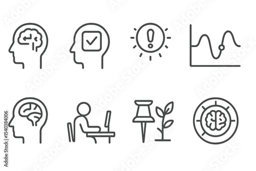 Psychology in Business Icons. Line style icons of psychology in business: focus enhancement icon, deep work tracker, distraction