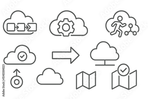 Cloud Engineering Icons. Line style icons of cloud engineering systems: CI/CD pipeline icon, automated deployment badge, build