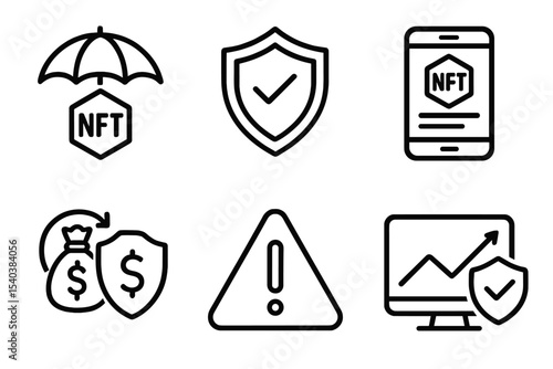 NFT Marketplace Icons. Line style icons of NFT and token marketplaces: NFT insurance icon, risk cover badge, asset protection plan