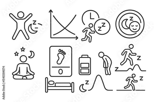 Sleep and Exercise Icons. Line style icons of sleep and health: physical activity vs sleep icon, exercise-sleep graph, workout