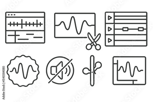 Audio Editing Icons. Line style icons of sound design and podcasting: audio editing timeline, waveform editor, sound cut icon,