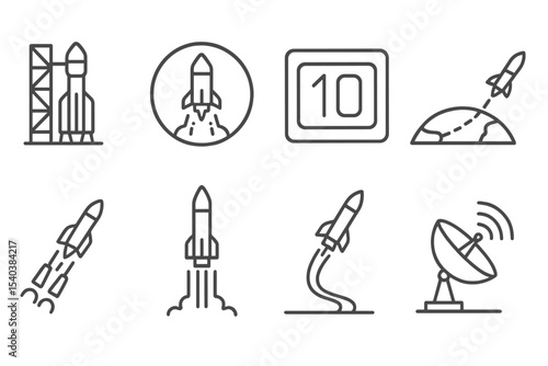 Space Research Icons. Line style icons of space research and satellite technologies: launch pad icon, rocket ignition badge,