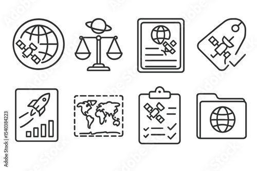 Space Regulations Icons. Line style icons of space research and satellite technologies: international space treaty badge, space