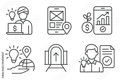 Fintech Line Icons. Line style icons of fintech in developing countries: fintech startup icon, mobile app prototype badge, pitch