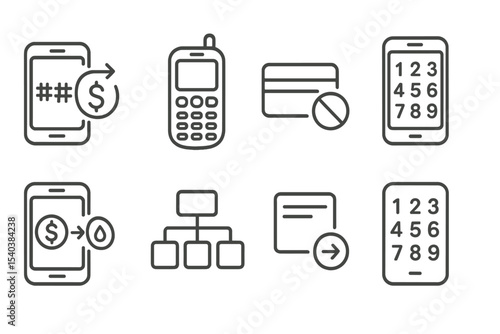Fintech Icon Set. Line style icons of fintech in developing countries: USSD transaction icon, feature phone badge, low-data
