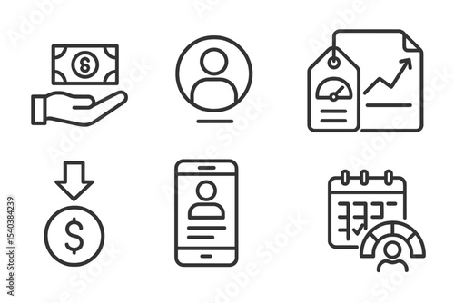 Fintech Icons in Line. Line style icons of fintech in developing countries: microloan icon, borrower profile badge, credit score