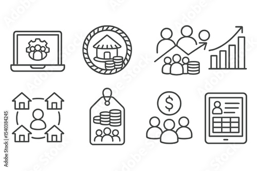 Fintech Icons Collection. Line style icons of fintech in developing countries: digital cooperative icon, village saving badge,
