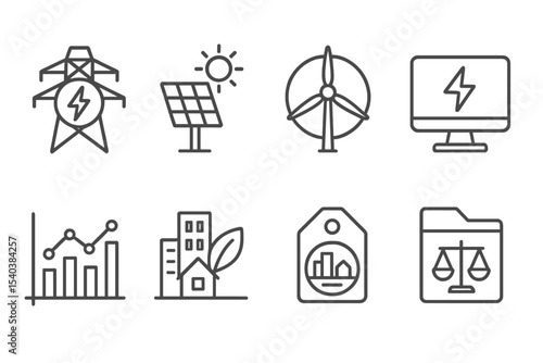 Smart City Icons. Line style icons of smart cities and urban systems: renewable energy grid icon, solar panel tracker, wind