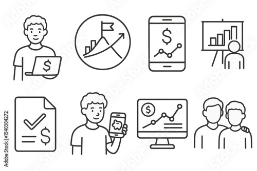 Fintech Icons Collection. Line style icons of fintech in developing countries: youth entrepreneur icon, startup journey badge,